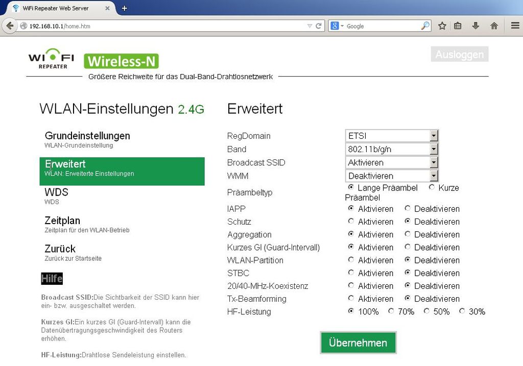 WLR-510 erweiterte Einstellungen