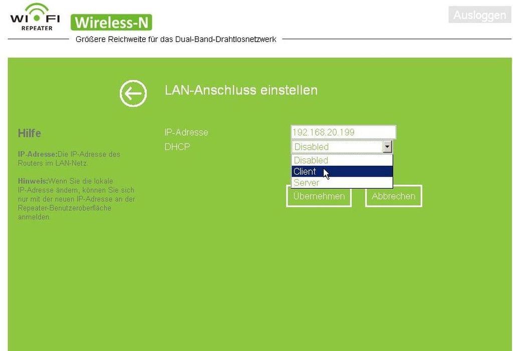 WLR-510 Lan-Anschluss einstellen